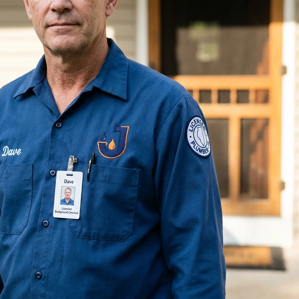 Licensed plumber showing ID badge in Hyde Park, VT
