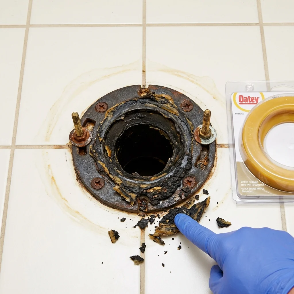 Failed wax ring showing water seepage at the base of a toilet in a Hyde Park, VT home