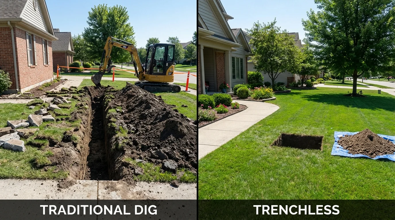 Trenchless sewer repair with minimal yard damage versus traditional excavation in Hyde Park, VT
