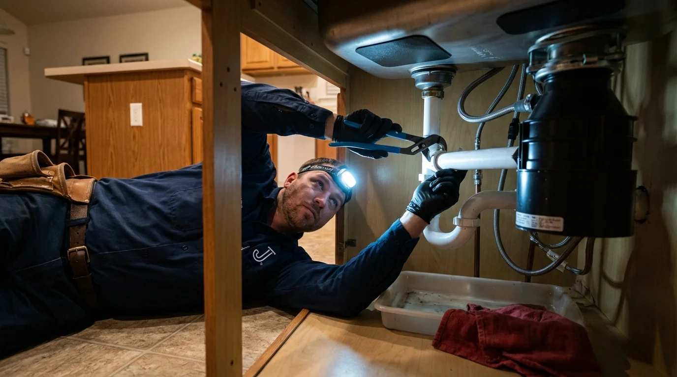 P-trap and supply line connections under a kitchen sink showing a common leak point in Hyde Park, VT